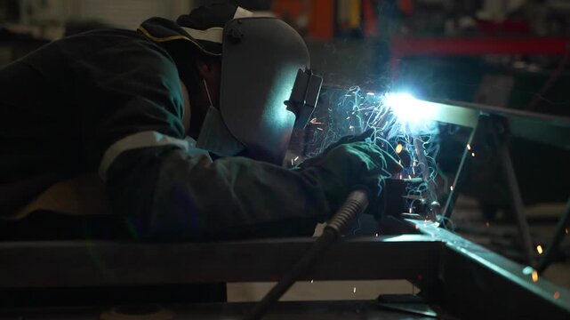 Industrial welding process with bright sparks flying during metal fabrication.