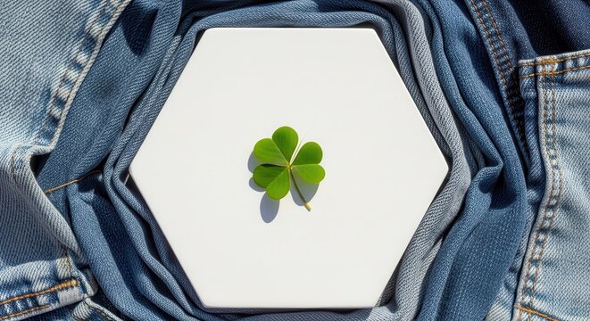 Green clover leaf resting on white tile surrounded by blue denim fabric. Concept of eco friendly textile manufacturing processes.