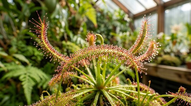 Close up of a carnivorous sundew plant with glistening dew drops