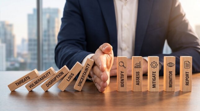 Risk management domino effect concept with businessman hand stopping falling blocks protecting corporate strategy and business continuity
