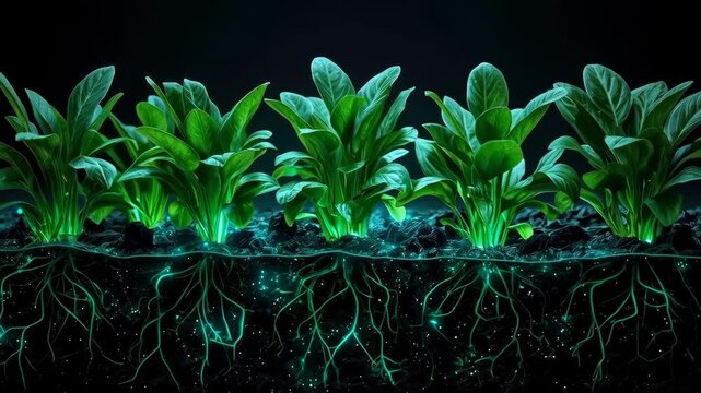Green Leafy Plant with Glowing Root System Beneath Dark Soil for Botanical Growth Visualization