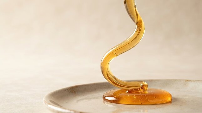 Thick golden honey or syrup pouring onto a light plate sweet dessert ingredient