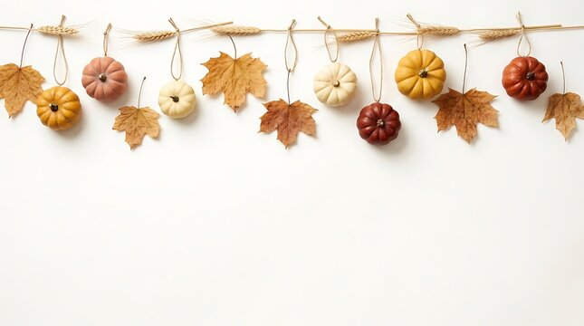 Decorative garland featuring colorful miniature pumpkins and dried autumn leaves hanging on a rustic string against a white background