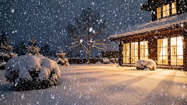 Cozy cabin in a snowy evening with warm interior lights and falling snowflakes creating a serene winter atmosphere