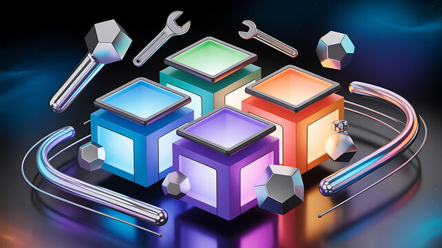 3D rendered isometric cubes with glowing neon colors, floating metal tools, and geometric spheres on dark background.