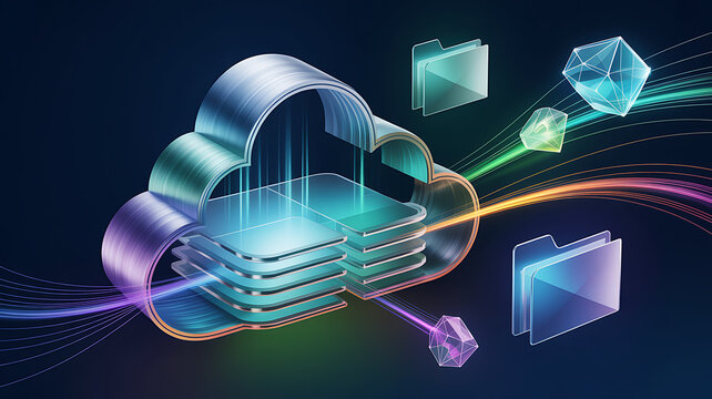 A 3D cloud computing icon with data folders and glowing light trails on a dark blue background, representing storage.