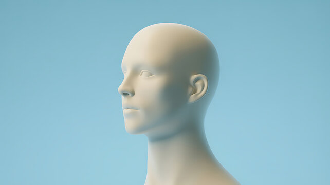 A 3D render of a smooth, featureless human mannequin head in a light grey color, isolated on a soft blue background.