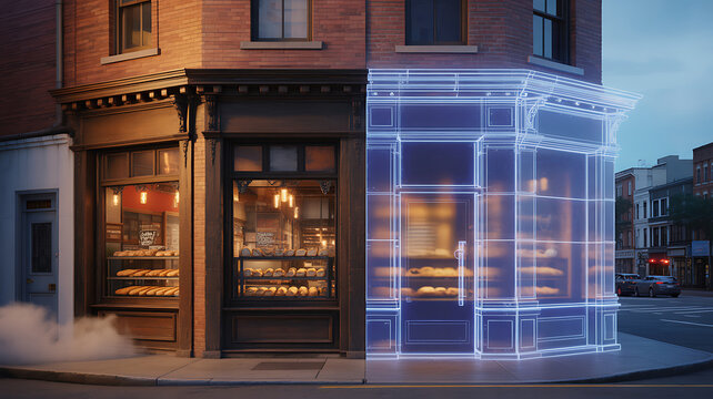 A brick bakery shop on a street corner with one half showing real bricks and the other half as a blue wireframe mesh.
