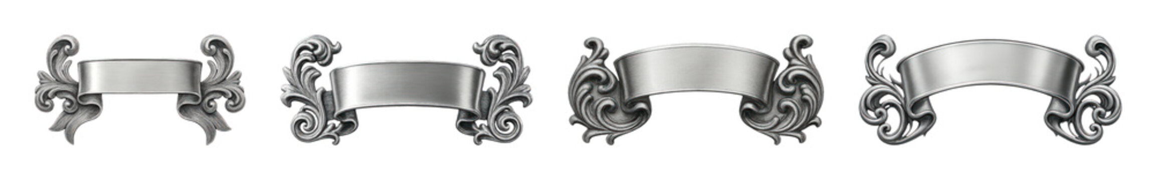 PNG Ornate silver vintage ribbon banners, transparent background