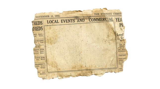 Old torn newspaper clipping from 1932 isolated on transparent background