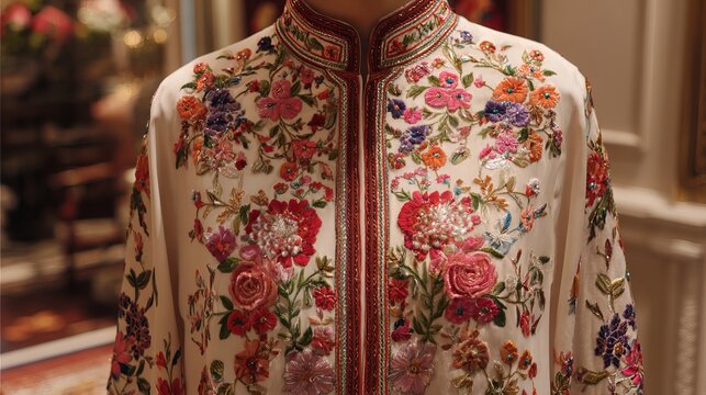 Intricate embroidered floral design on a white jacket showcases vibrant colors and delicate patterns, ideal for fashion concept