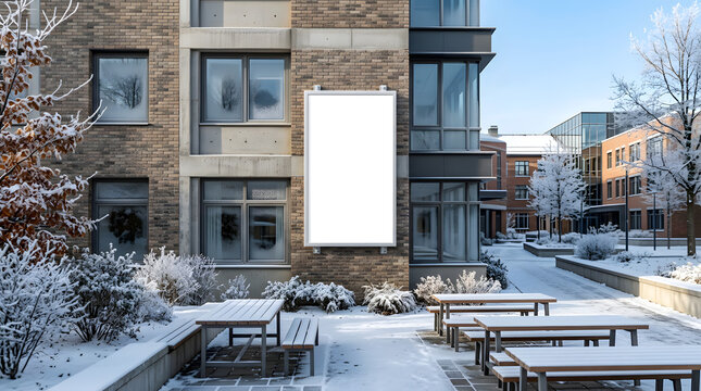 Blank vertical billboard mockup on building wall in winter season