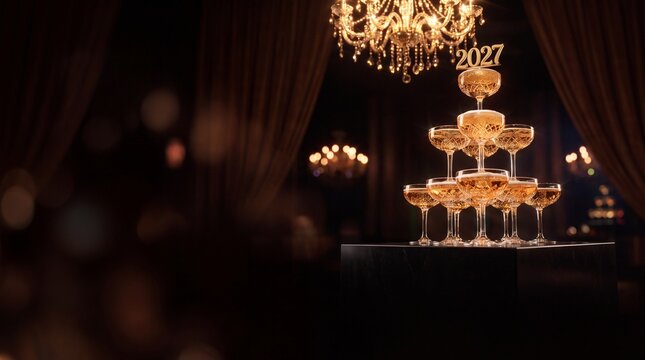 2027 Christmas and New Year Banner with Crystal Champagne Tower with Bubbling Vol 473