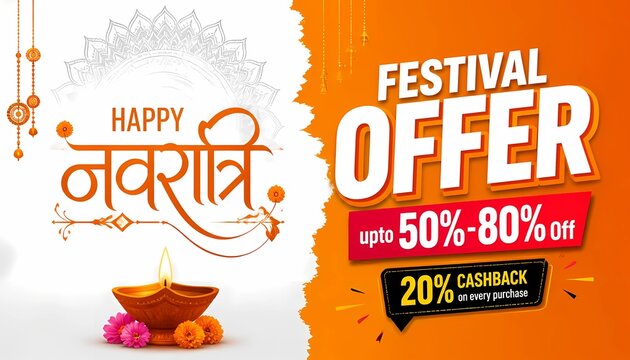 Happy Navratri Festival Offer Shopping Sale Banner with Hindi Typography and Diya. 