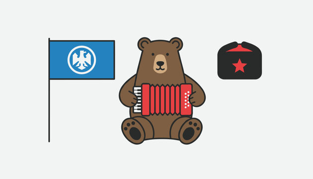 Cute little cartoon bear playing a red accordion while sitting next to a blue eagle flag and a black ushanka hat.