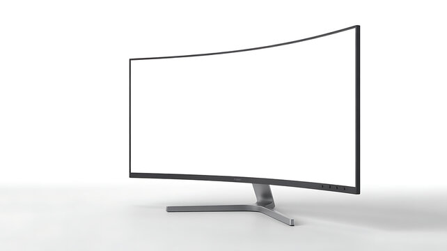 A curved computer monitor featuring a blank white screen, isolated on a white background, shown from a side angle view.