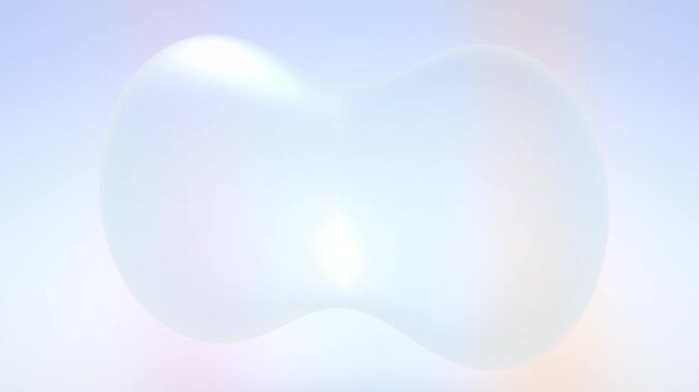 Premium 3D procedural abstract animation featuring a continuous transparent glass volume transforming from a single core into two connected lobes and merging back together, with cinematic bright studi