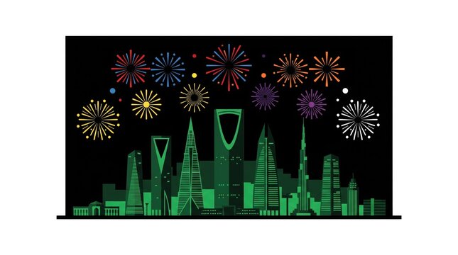 Riyadh city skyline with fireworks celebration vector illustration for saudi national day night cityscape graphic resource background
