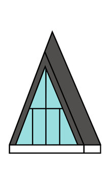 Minimalist side view of a modern geometric a-frame cabin with a steep roof and triangular windows isolated on white. Architectural design concept