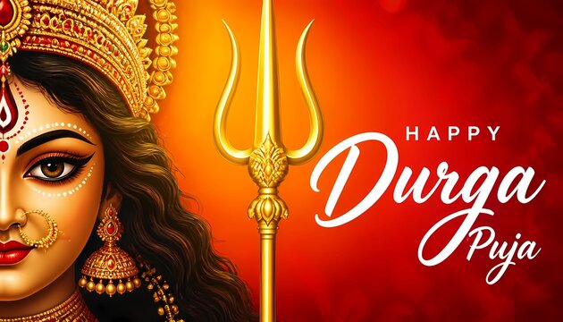 Goddess Durga Face Portrait with Golden Trishul Happy Durga Puja Festival Red Banner. 