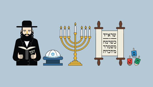 Traditional Jewish cultural elements showing orthodox man reading, kippah, Hanukkah menorah, scroll, and dreidels.