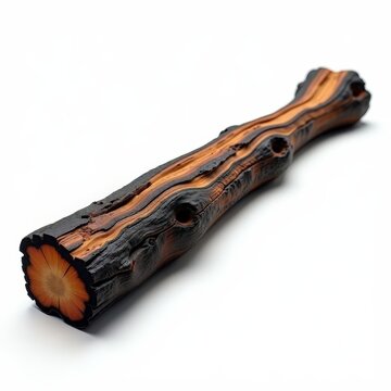 Charred wooden beam with scorched texture isolated on white background, burnt timber log, detailed woodgrain, fire damage concept