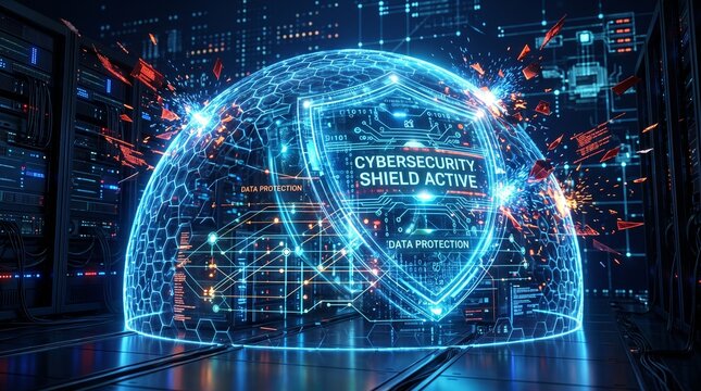 Glowing digital shield protecting sensitive server data inside a futuristic high tech network on transparent background