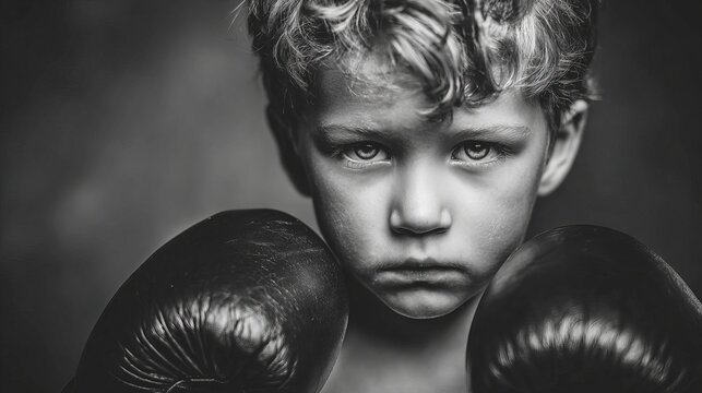 Focused young boy wearing boxing gloves stares intently into the camera, displaying determination and resilience against a dark, muted backdrop
