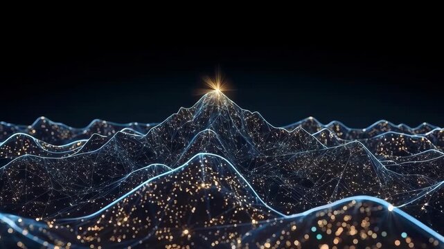 Digital Mountain Landscape with Glowing Network, Scattered Light, Technology on Dark Background