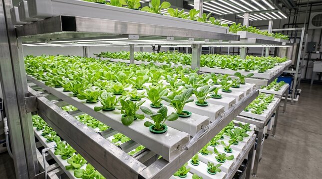 Hydroponic vertical farming system with green lettuce. Indoor smart agriculture facility. Modern urban farm with LED grow lights.