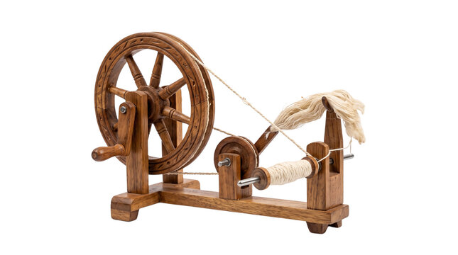 Vintage wooden spinning wheel, antique textile machinery for yarn production, rustic brown wood spinning tool isolated on white