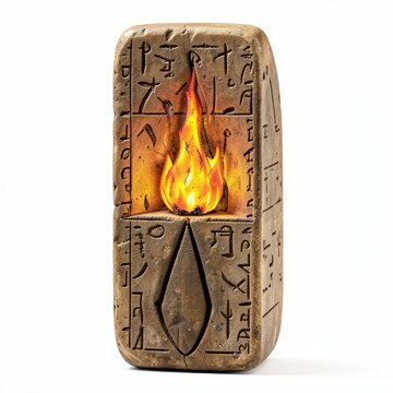 Sumerian cuneiform tablet with fire sacrifice carving on white background, ancient mesopotamia ritual artifact, archaeology symbol