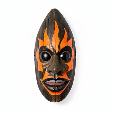 Traditional yoruba fire spirit wooden mask painted with orange flames, cultural african art isolated on white background