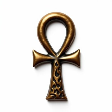 Bronze egyptian ankh amulet with flame patterns symbolizing eternal life and fire on white background