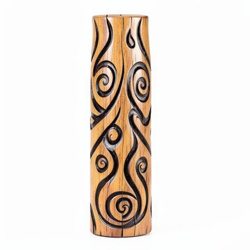 Maori carved wooden fire talisman with swirling koru flame designs on white background, cultural ornament, traditional new zealand art piece