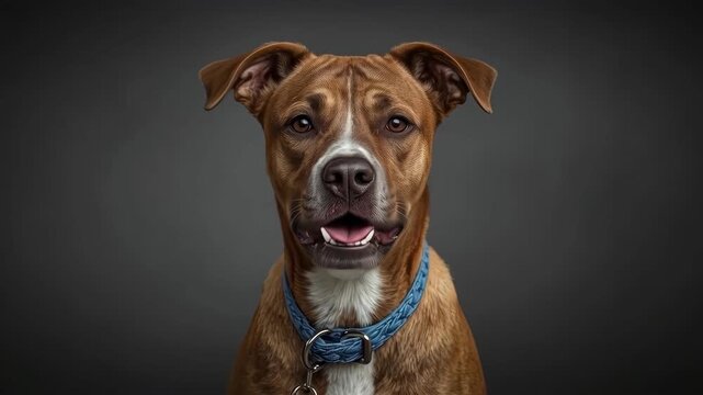 Brown Dog Portrait With Blue Collar, Happy Expression, Canine Pet Against Dark Background