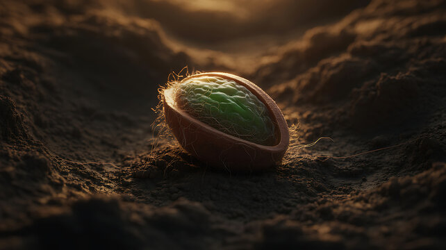 A single seed resting in dark soil, illuminated by a warm golden light, showing texture and organic details.