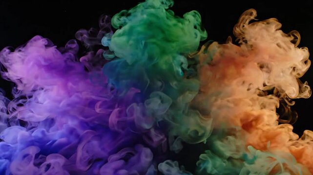 Rainbow ink clouds swirl upward in water against black background. Abstract colorful fluid motion for creative artistic design projects.