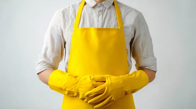 Man wearing yellow apron and gloves standing against a white background, signifying cleaning and domestic services concept