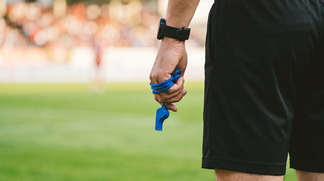 Soccer referee official holding a blue plastic whistle during a professional football match