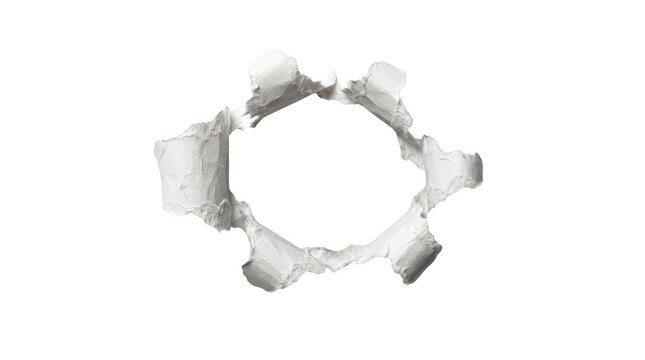 A jagged circular hole torn through white paper isolated on transparent background
