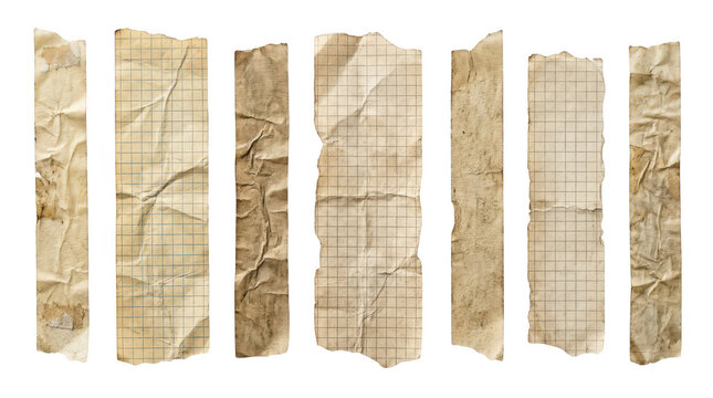 Set of various torn pieces of aged, crumpled, and gridlined paper isolated on transparent background