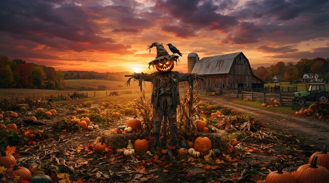 Spooky halloween scarecrow with a glowing jackolantern head standing in a pumpkin patch at sunset with a rustic barn in the background