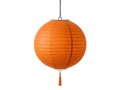 Round orange paper lantern hanging for decoration isolated on transparent background
