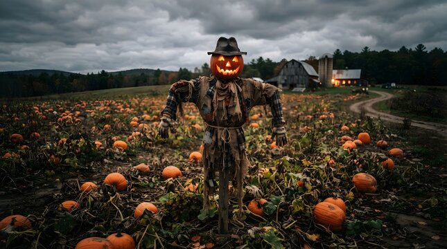 Creepy scarecrow with a glowing jackolantern head wearing a hat in a dark, gloomy pumpkin patch field at dusk