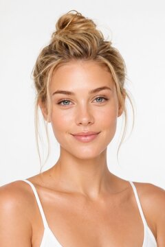 A portrait of a natural, confident woman with a relaxed expression and a stylish updo hairstyle against a neutral background.
