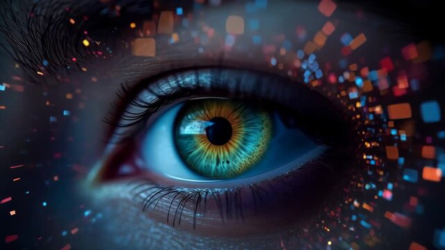 Digital Eye with Colorful Glowing Particle Pixels Conveying Futuristic Vision Art