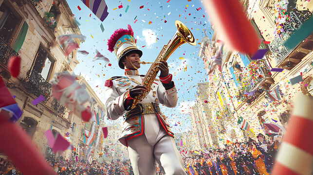 A joyous musician plays the trumpet in a vibrant, confetti-filled street parade with cheering crowds