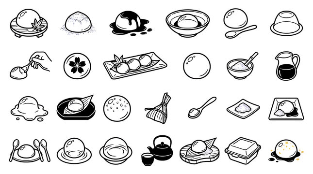 Japanese raindrop cake mizu shingen mochi and traditional wagashi dessert line art icon set isolated on white background