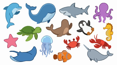 Cute Ocean Animals Cartoon Vector Collection with Dolphin Whale Shark Turtle and Octopus © imran